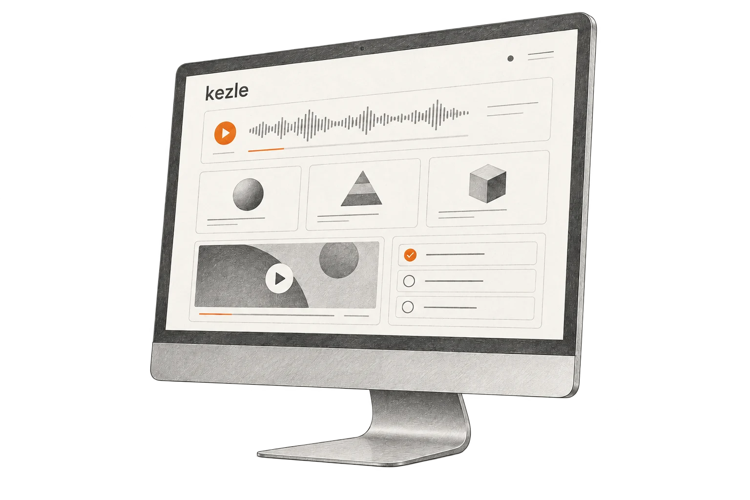 Tecknad datorskärm med Kezles lärmiljö, kursmaterial, podd och quiz